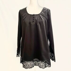 Isaac Mizrahi Live Black Satin Lace Trim Blouse Long Sleeve Size 6 NWT
